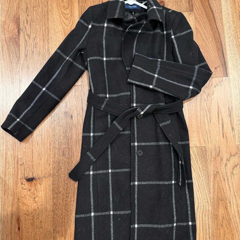 Cole Haan Black and White Plaid Wool Trench Coat